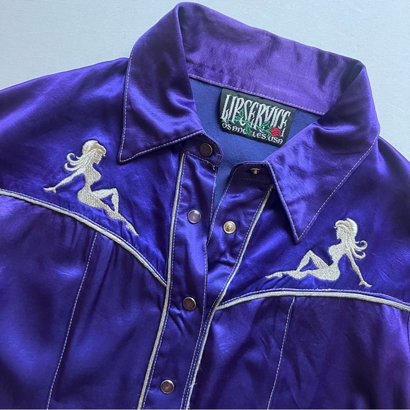 LIP SERVICE vintage purple satin piped western cowgirl cowboy snap button up - Picture 4 of 10